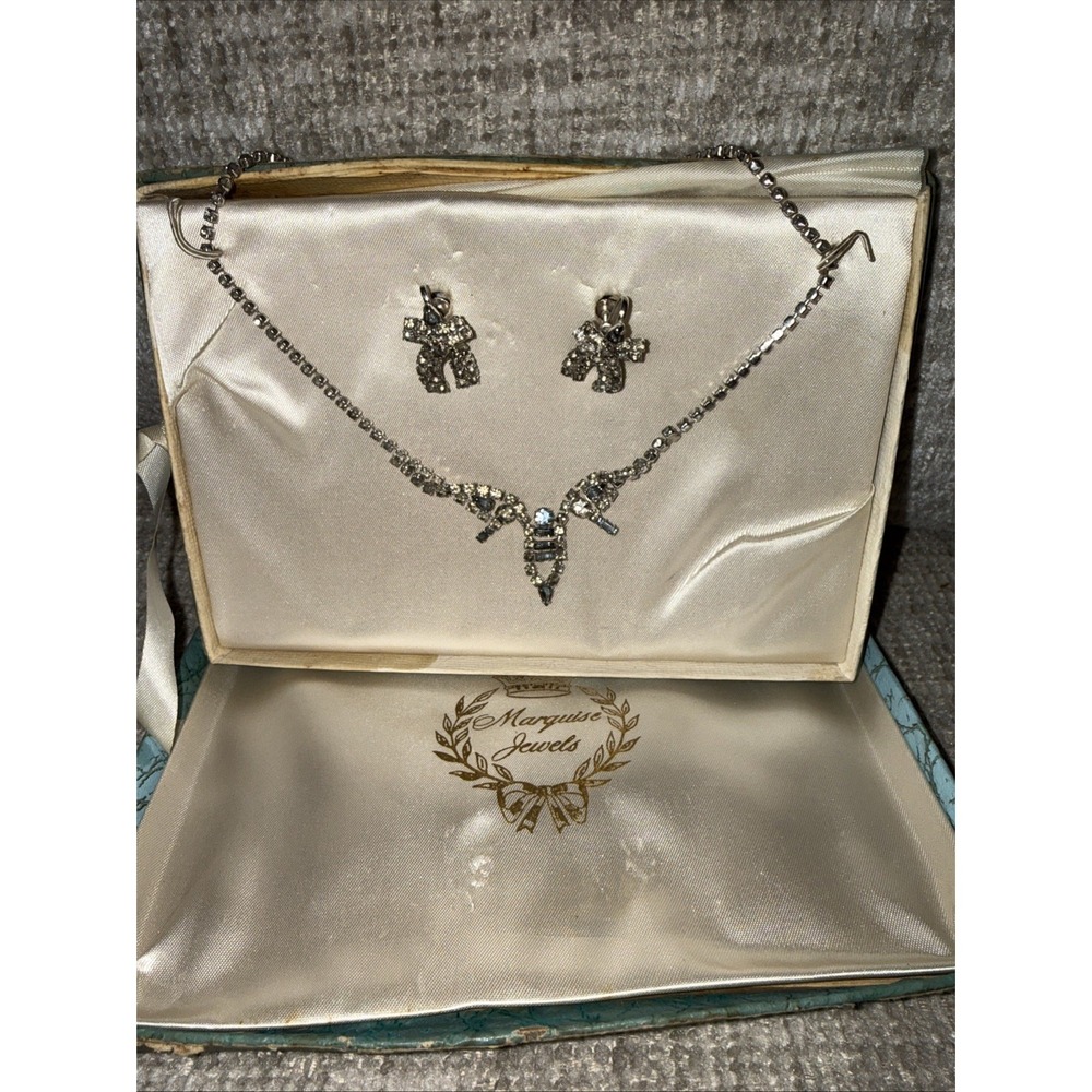 VTG Choker Necklace Blue White Colorless Rhinestones 16" Round Marquise Set‎